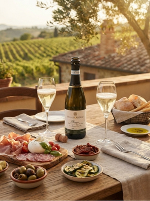 Prosecco neben Essen auf Tisch